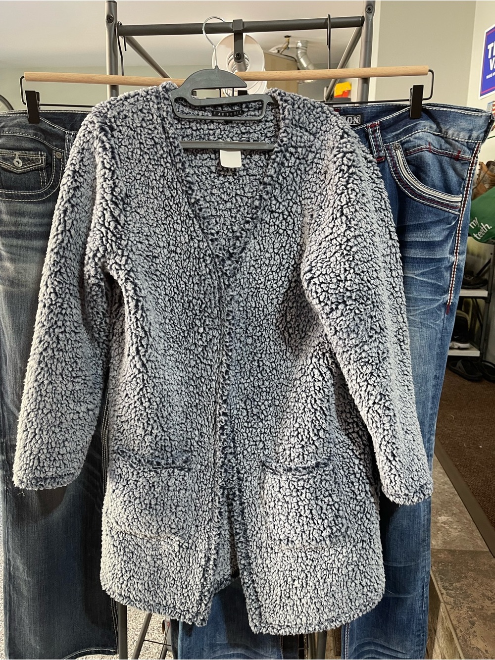 Women's Plush Open-Front Teddy Jacket - Light Navy